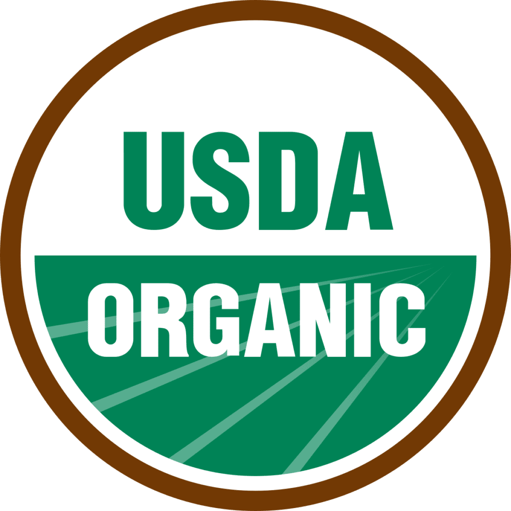 A usda organic seal is shown in brown and green.